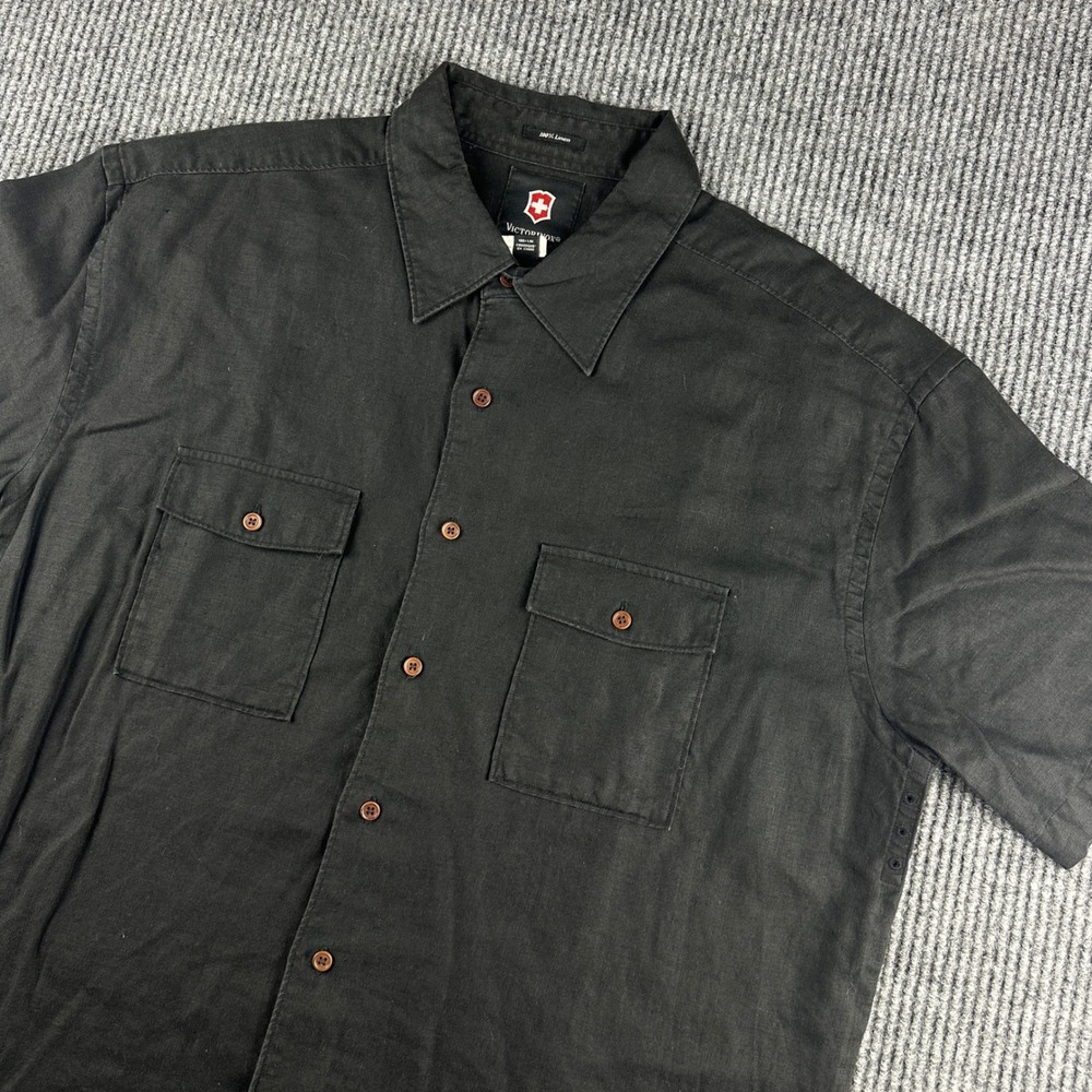 Victorinox Swiss Army Mens XL Black Linen Short Sleeve Button Down Shirt A-2